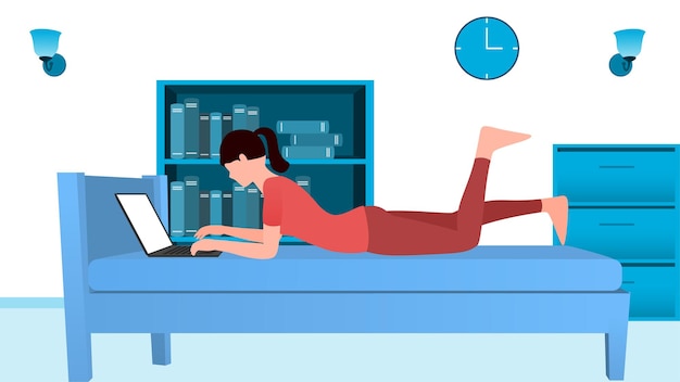 Woman working on laptop on the bed work from home and flexible work hour character vector illustration