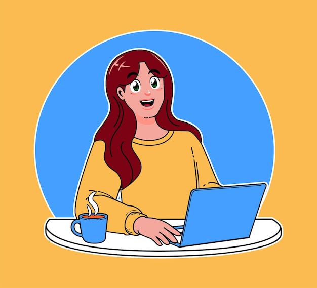 woman working on a laptop completing and completing tasks a cup of hot coffee