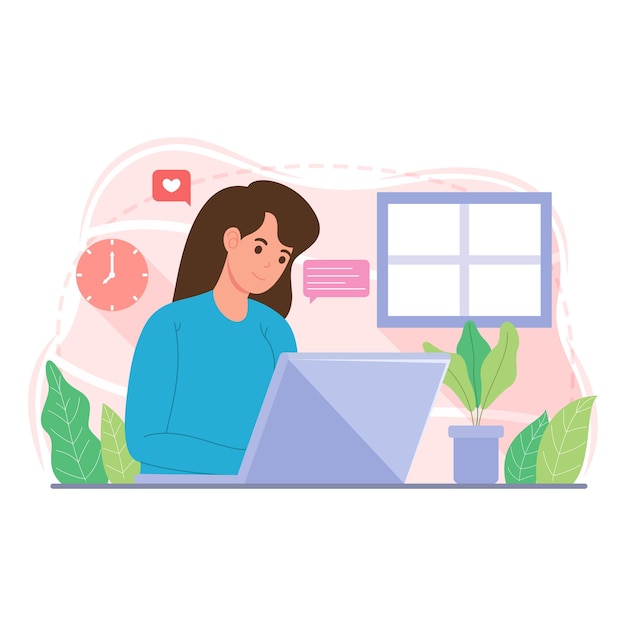 Woman working at laptop from home illustration