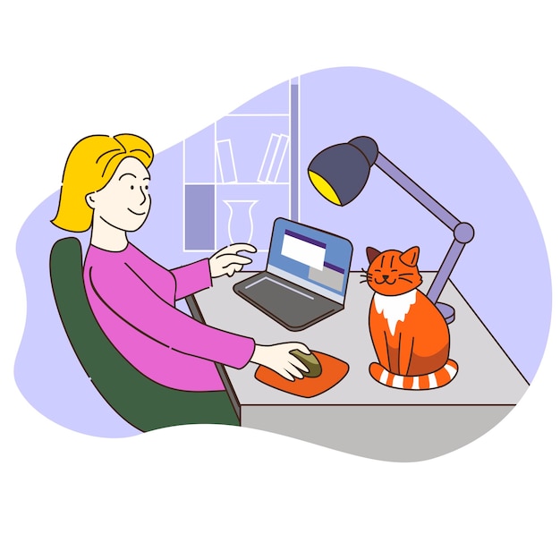 Woman working at the laptop at home. Freelaner. Distant work. Businesswoman. Workspace. Flat vector