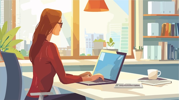 Vector woman working on laptop in office concept of internet technology