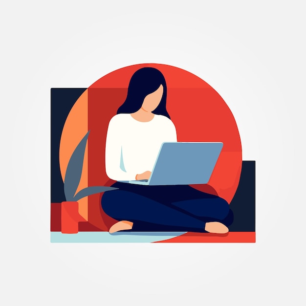 woman working on laptop sitting vector illustration