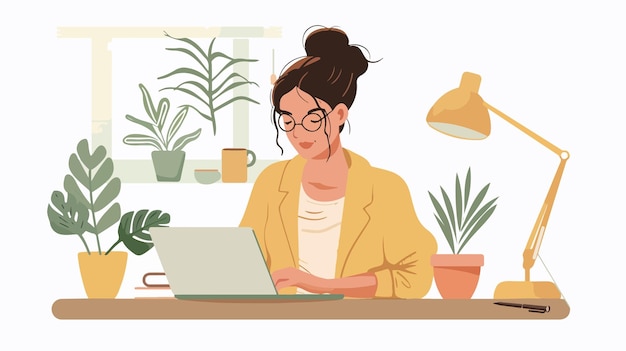 a woman working at a laptop with a plant in the background