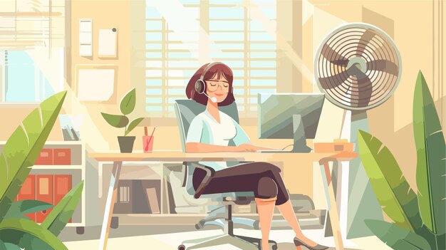 Vector woman working near fan employer creates comfortable environment