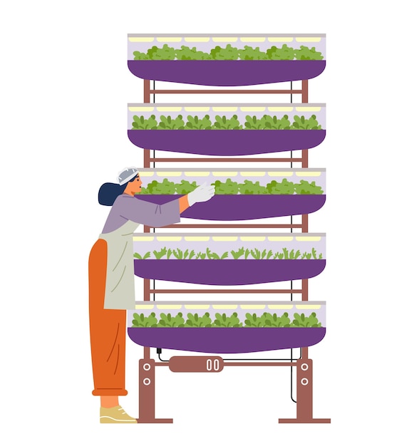 Woman working on vertical farm