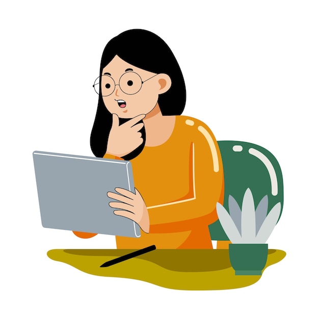 Woman Working with Graphic Tablet in Flat Design Style