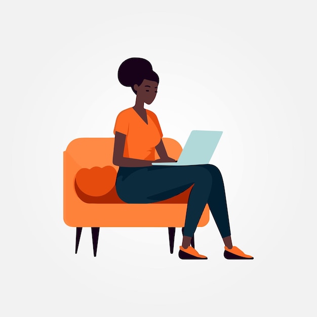 woman working with laptop on her lap vector illustration