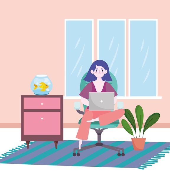 Woman working with laptop sitting on office chair at home home office  illustration