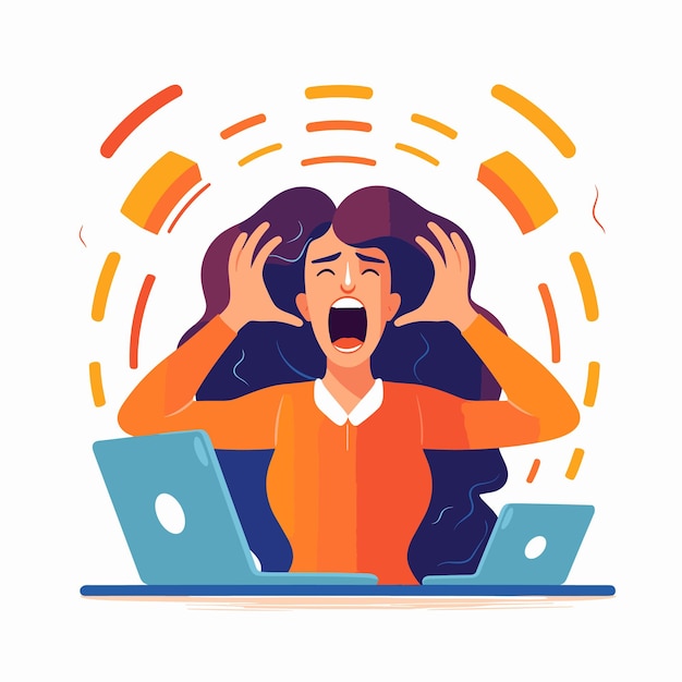 Woman in a workplace setting covering her ears and screaming out of anger Vector illustration