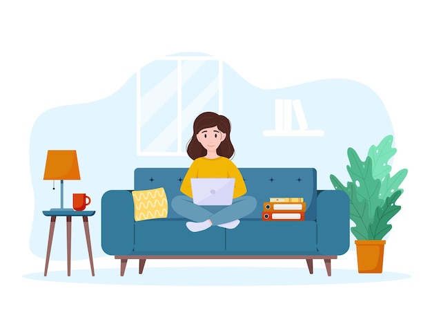 A woman works from home on the couch Work from home concept Freelance