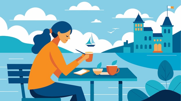 Vector a woman writes in her journal while sipping on a cup of tea at a table overlooking the harbor she