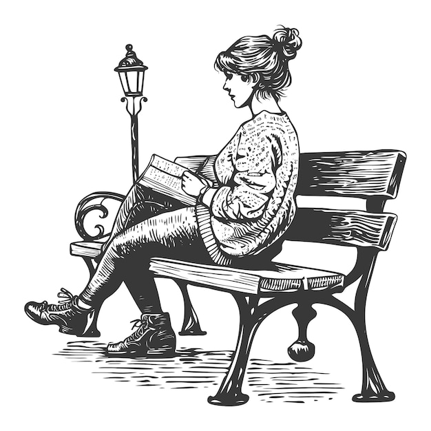 Vector woman writing on the book sitting on the park bench black color only