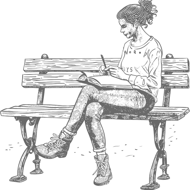 Vector woman writing on the book sitting on the park bench black color only