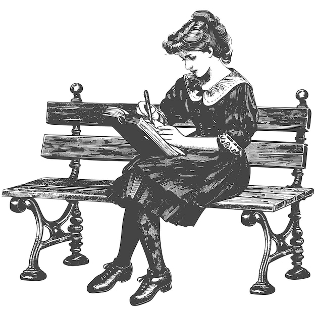 woman writing on the book sitting on the park bench black color only