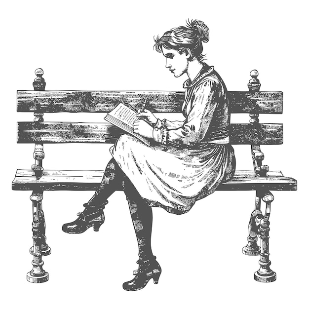 woman writing on the book sitting on the park bench black color only