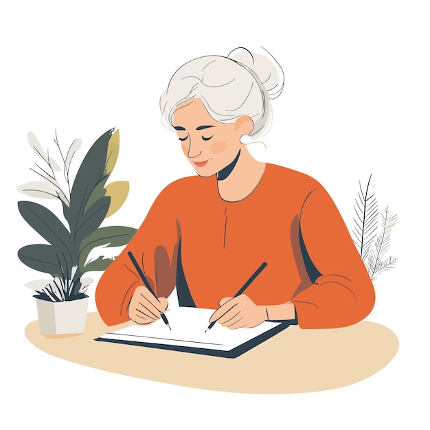 a woman writing in a book with a plant in the corner