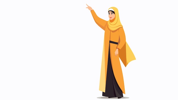 a woman in a yellow hijab pointing to the right