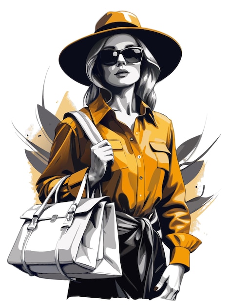 Vector a woman in a yellow shirt and hat is holding a white bag