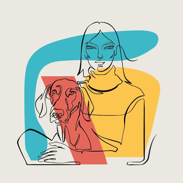 Vector woman in yellow turtleneck sweater petting a red dog continuous line