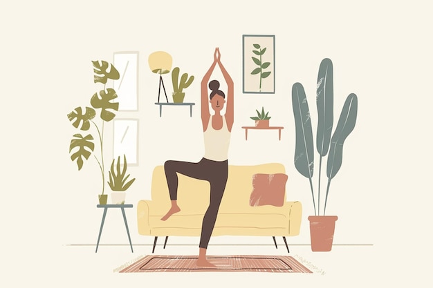 Vector woman yoga pose indoors illustration