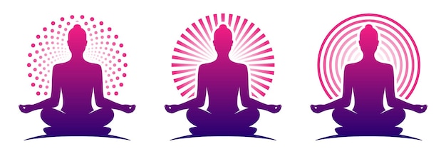 Woman yoga purple logo vector templates Meditating female in a lotus zen pose with a round halo