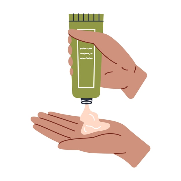 Womans dark skin hand squeezing cream from a green tube onto a palm Vector skincare illustration Black girl using hand cream Daily cosmetic