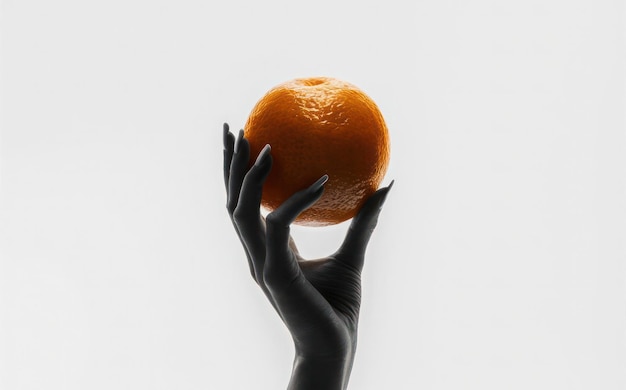 Vector a womans hand holding an orange with a black glove on it