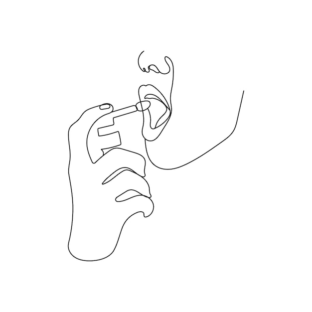 Womans hand using mouth spray for sore throat infection treatment or fresh breathing One line art