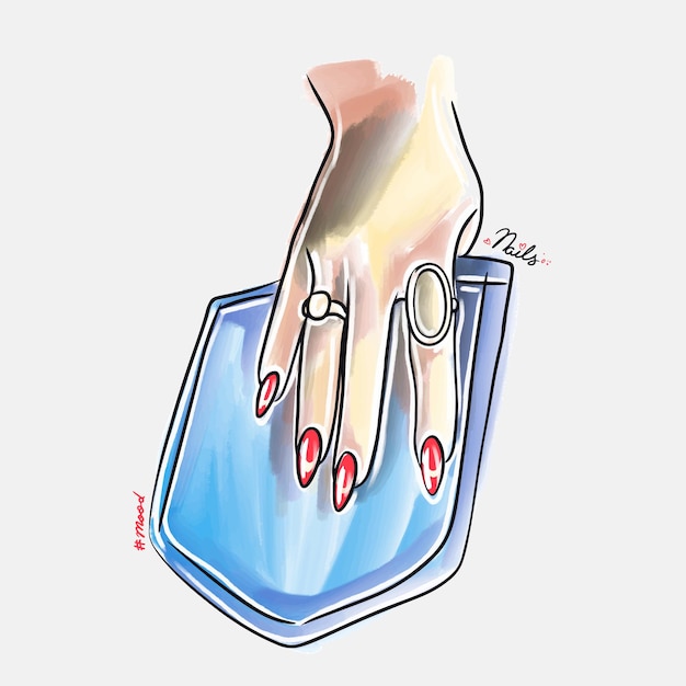 Vector womans hand with long nails in a jeans pocket trendy nail design fashion