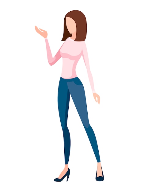 Women in blue jeans and pink pullover standing. No face . Cartoon  illustration  on white background