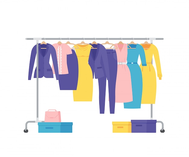 Women business clothes on hangers rack. Flat   illustration.