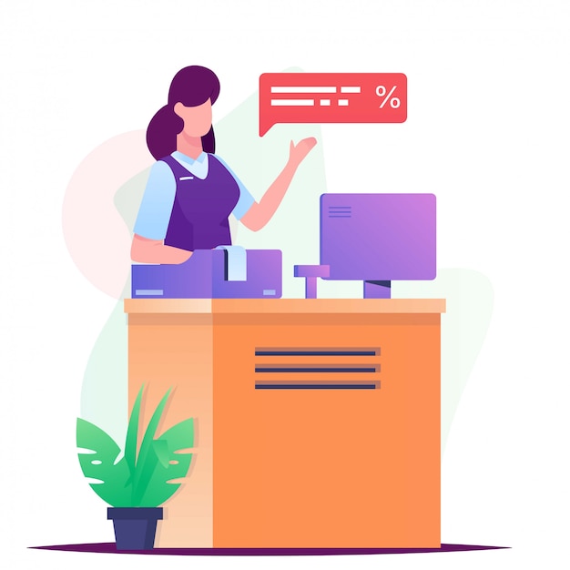 Vector women cashier on desk illustration