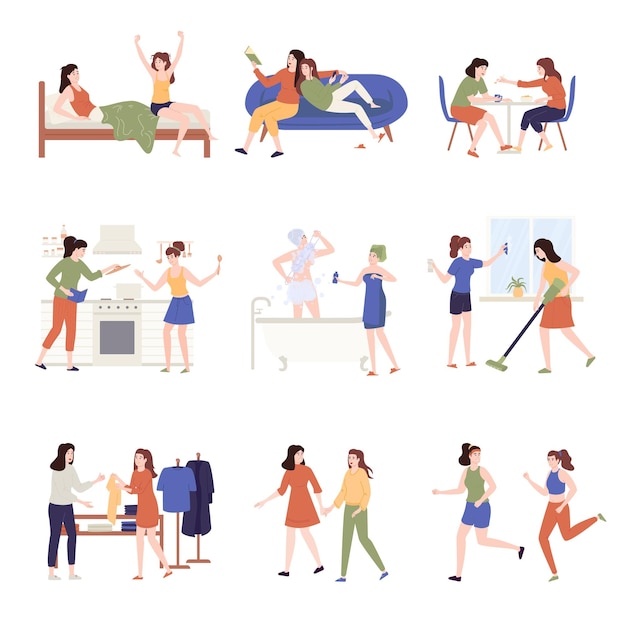 Vector women couple daily life set with lgbt symbols flat isolated vector illustration