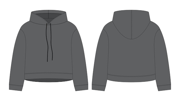 Women crop hoodie technical sketch Dark grey color CAD mockup template hoody