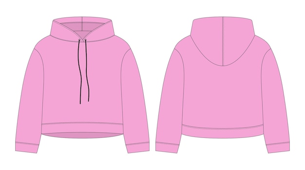 Women crop hoodie technical sketch Pink color CAD mockup template hoody