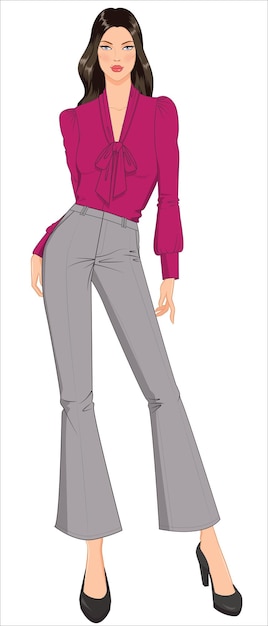 WOMEN CROQUIS IN SMART UNIFORM FIR AND FLARE PANTS WITH PUSSY BOW TOP IN EDITABLE VECTOR