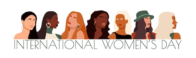 Women of different races and ethnicities stand side by side together. International Women's Day