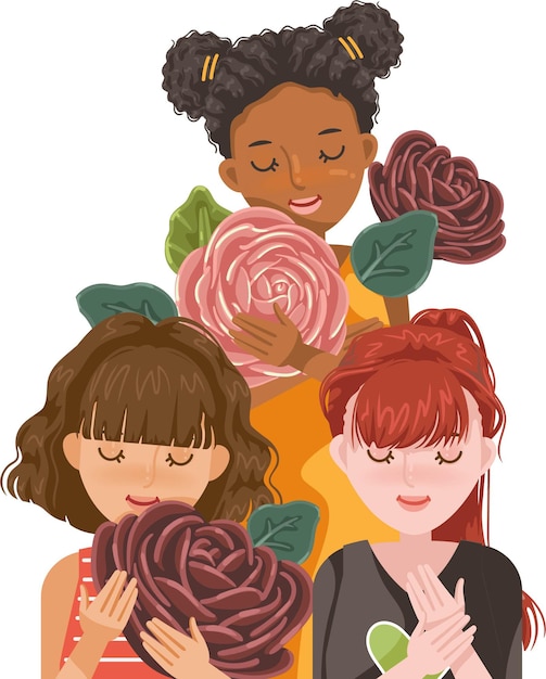 Women of different races. Group of girls holding flower. International day of the girl child