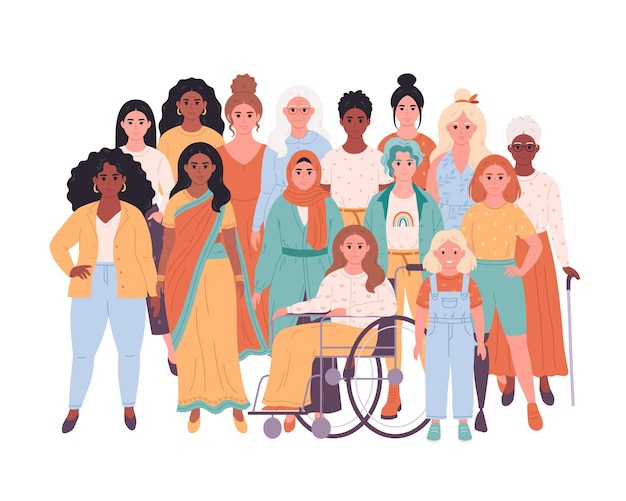 Women of different races, nationalities, ages, body types. Women with physical disability.