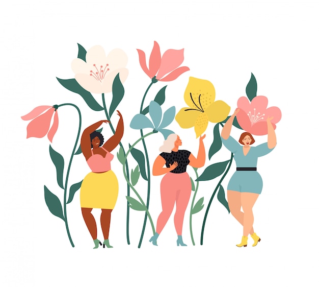 Women diverse of different ethnicity are wonder the huge spring wild flowers. Spring vibes mood. International Womens Day.