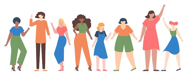 Women diverse. Female group empowerment, girls team with different size and skin color, diverseness sisterhood community  illustration set. Girl group community, different female