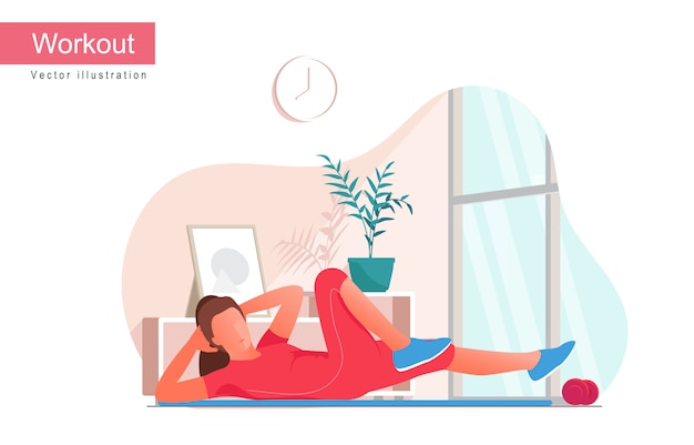 Women doing bicycle crunches exercise, Flat vector illustration