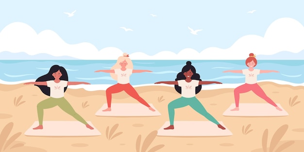 Women doing yoga on the beach. Hello summer, summer leisure, vacation. Healthy lifestyle