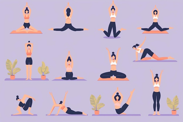 Vector women doing yoga poses at home