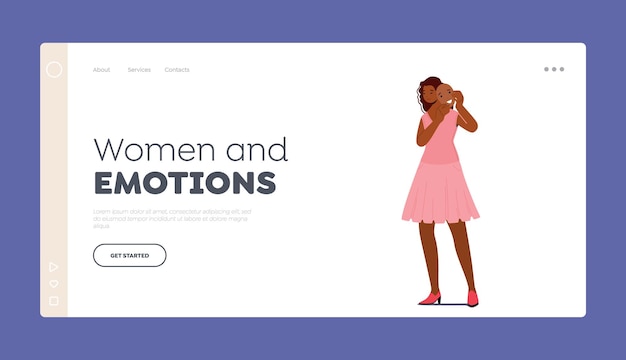 Women and Emotions Landing Page Template Sad African Girl Hide Face behind of Smiling Mask Upset Female Character