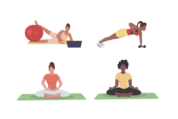 Women exercising flat color faceless character set