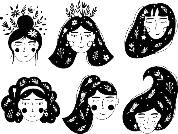 Women Faces and Flowers. Vector illustrations.