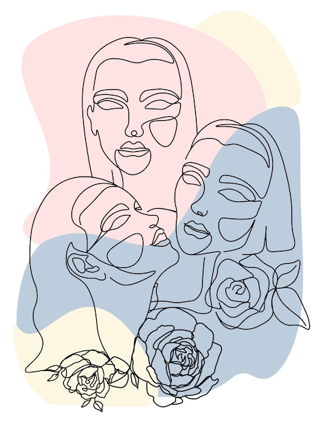 Women faces in one line art concept