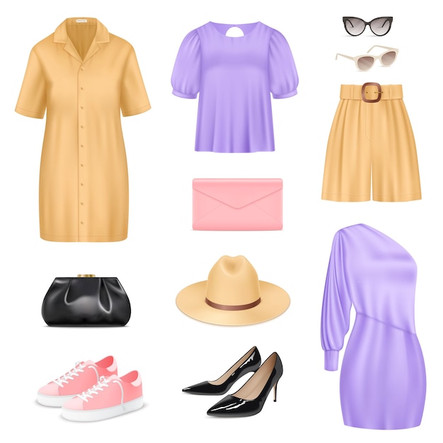 Women fashion realistic set with dress hat and shoes isolated vector illustration