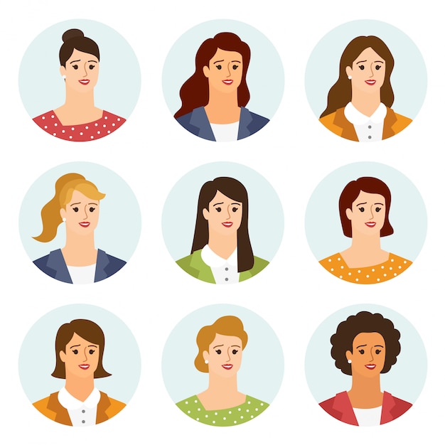 women flat avatars set with smiling face